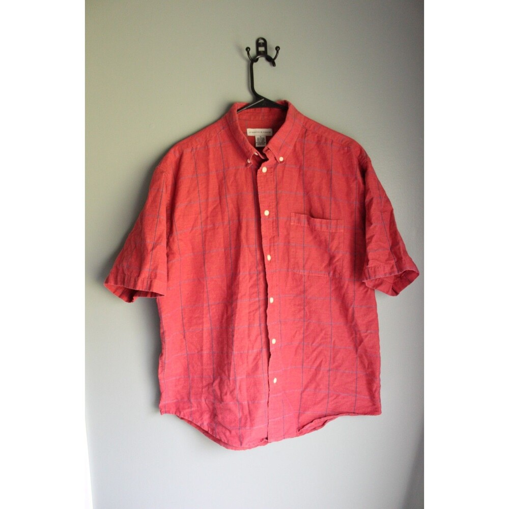 Preswick & Moore Men's Red Grid Pattern Short Sleeve Button-up Shirt 100% Cotton